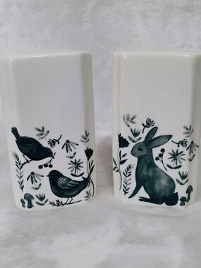 Cottagecore 4" Ceramic‎ Salt Pepper Shakers Bunny Rabbit Birds Whimsical Floral